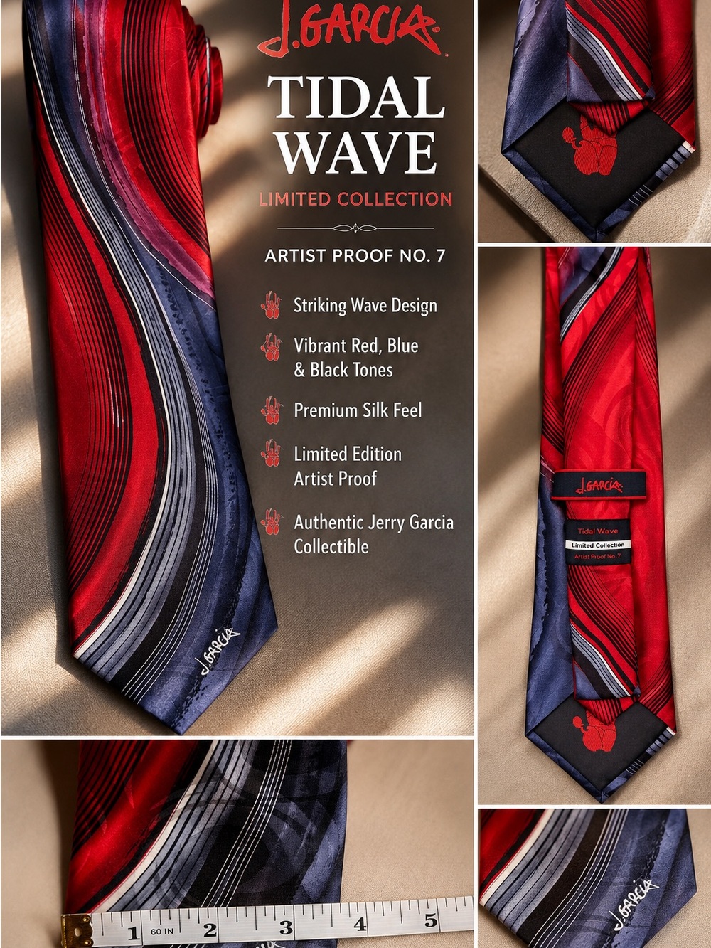 J. Garcia Red, Blue & Black Tidal Wave Silk Tie